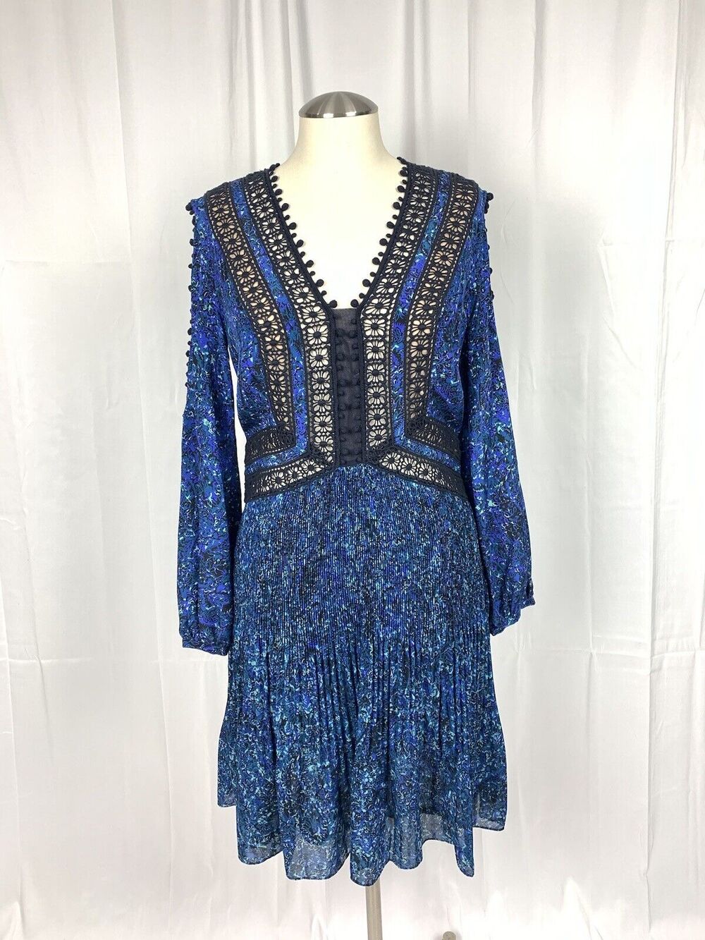 NWT REBECCA TAYLOR Long Sleeve Cold Shoulder Dress Blue Floral Lace Size 2 $595